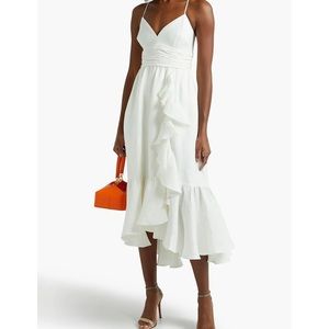 Theia wrap effect tiered ruffled jacquard midi dress